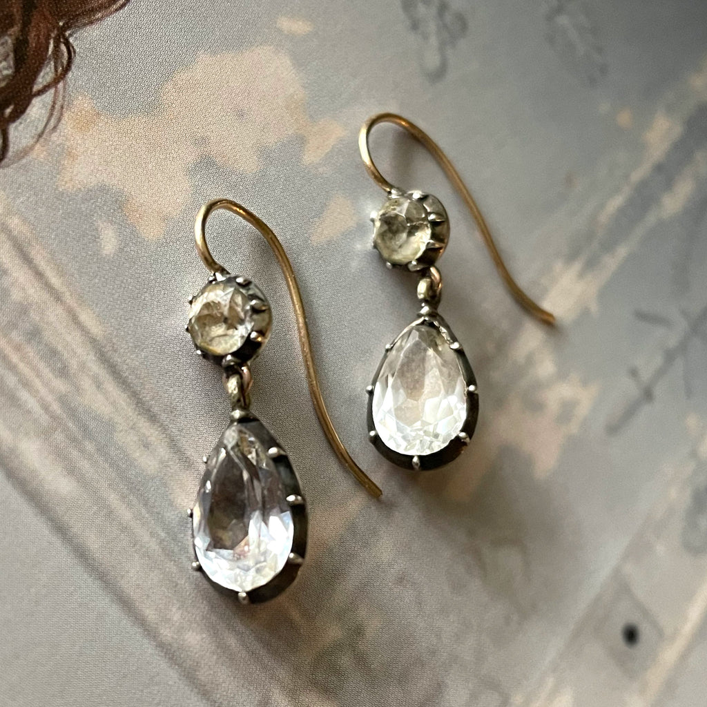 Antique drop earrings made of Georgian white paste set in silver pic crust settings
