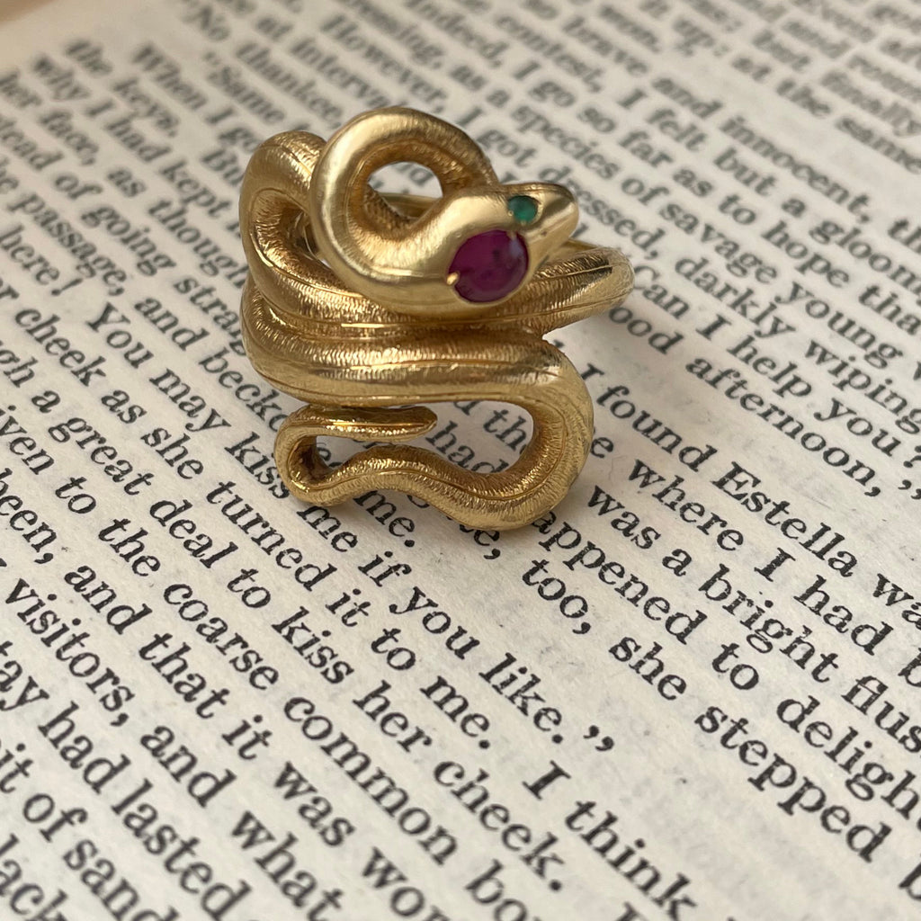 Gold snake ring on black and white text from Charles Dickens Great Expectations