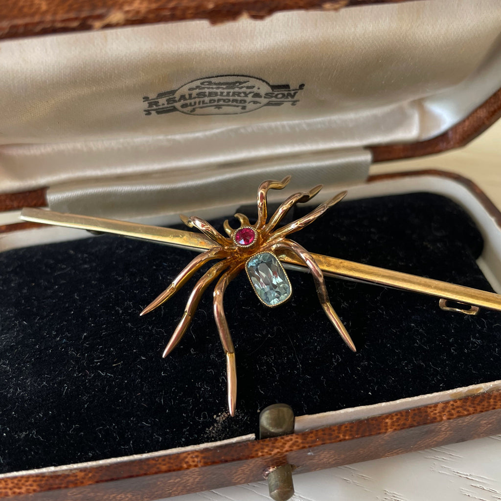 Gold spider brooch with gems in a velvet jewellery box.