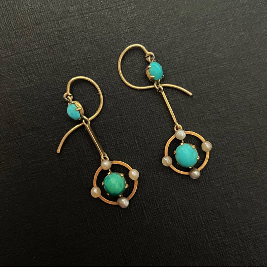 gold drop earrings with turquoise and pearls