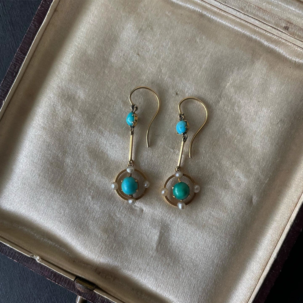 antique gold earrings with turquoise and pearls in an antique jewellery box