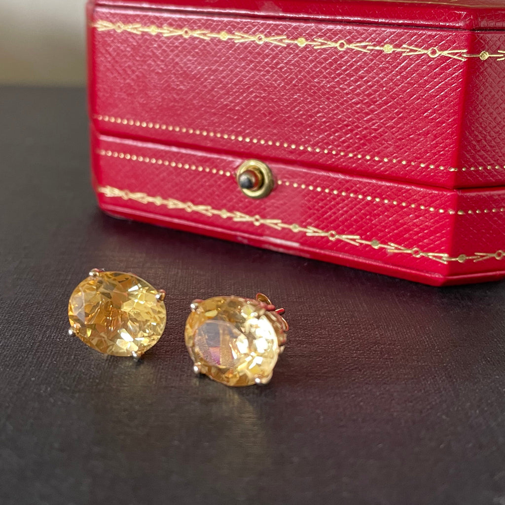 Large Citrine stud earrings in gold setting with red cartier jewellery box